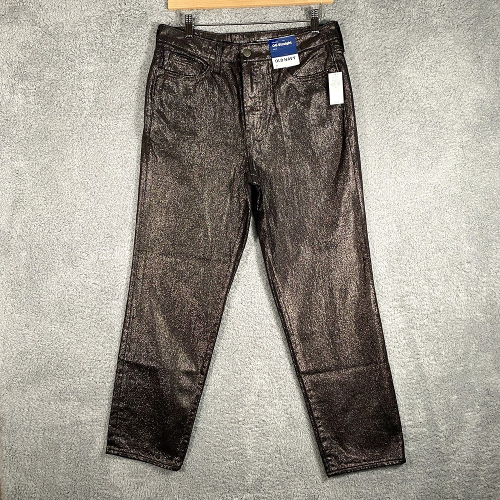 Old Navy High Rise OG Straight Ankle Black Shine Jeans Size 8 Festive Party‎